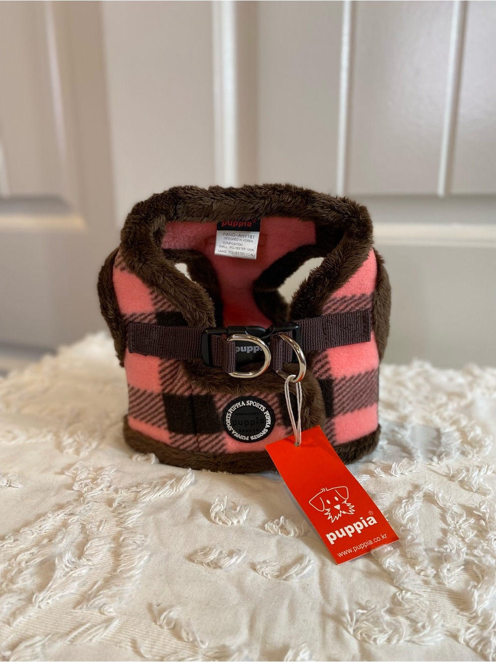 Puppia Pink and Brown Plaid Medium Pet Harness Vest